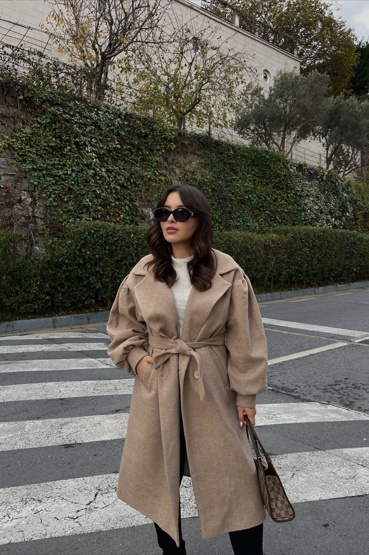 Beige Oversize Double Breasted Collar Coat ATE2643 - EYYO