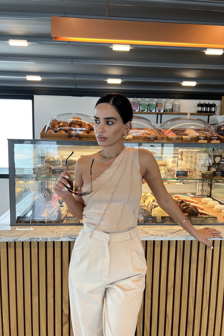 Beige Stitch Detail Single Sleeve Crop Top ATE2160 - EYYO