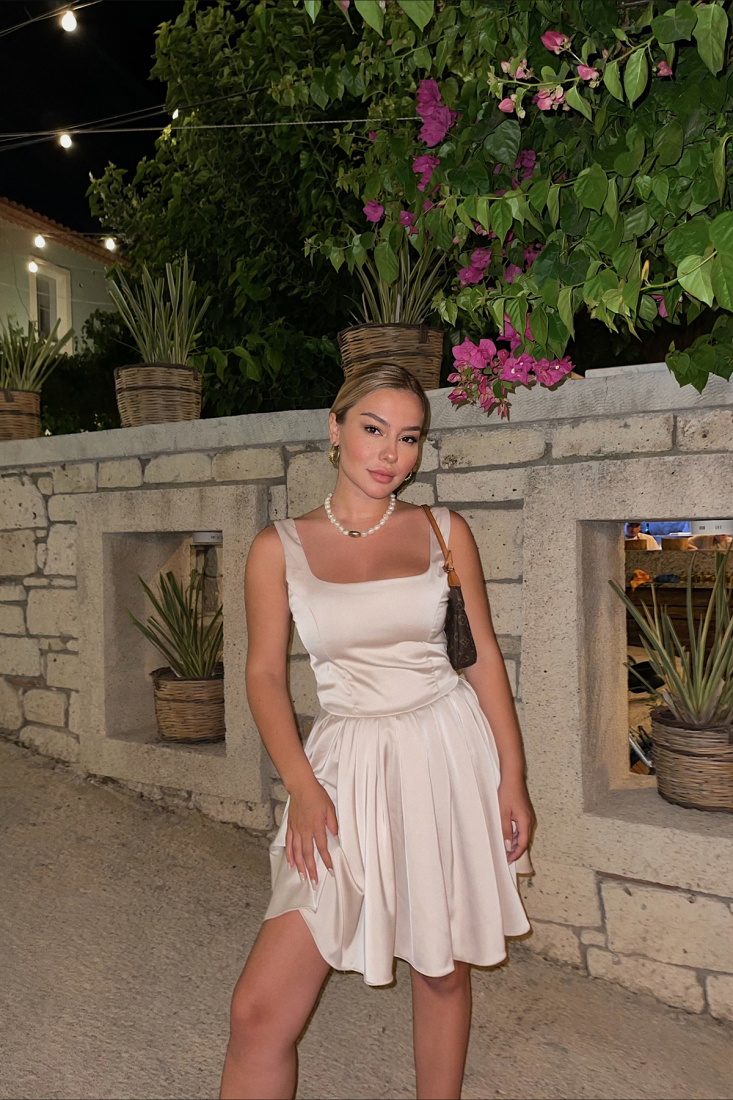 Beige Square Collar Mini Dress ATE1680 - EYYO ATELIER