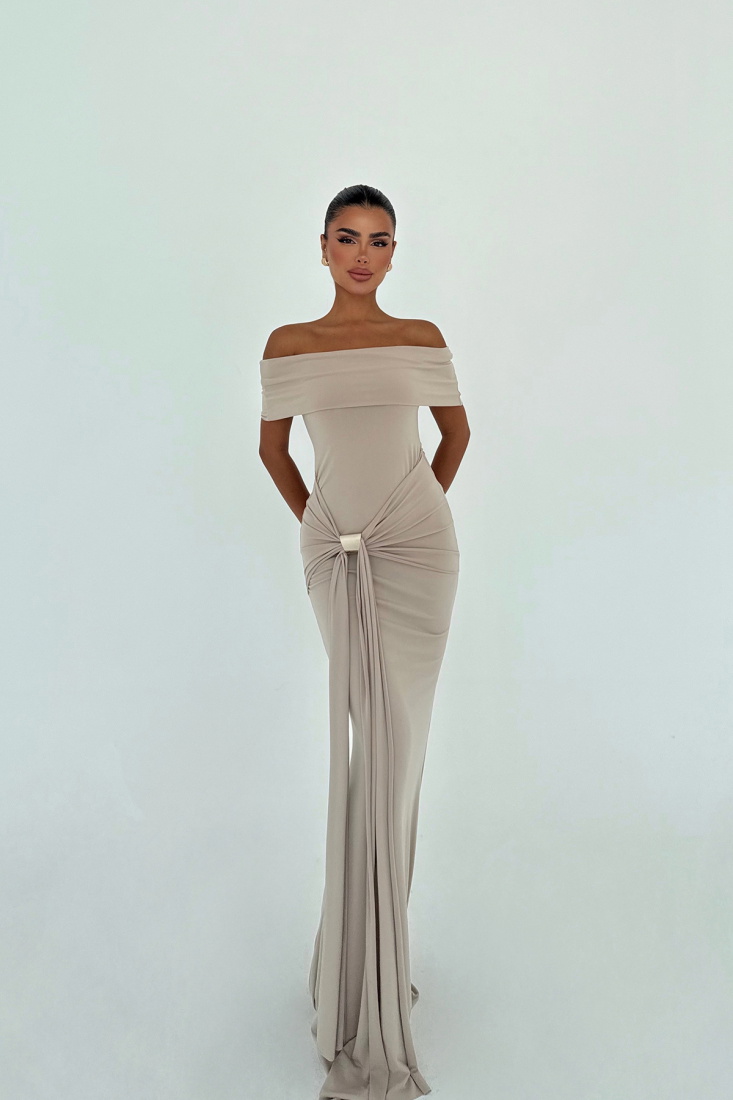 Bej Allayia Uzun Elbise ATE-3083 - EYYO