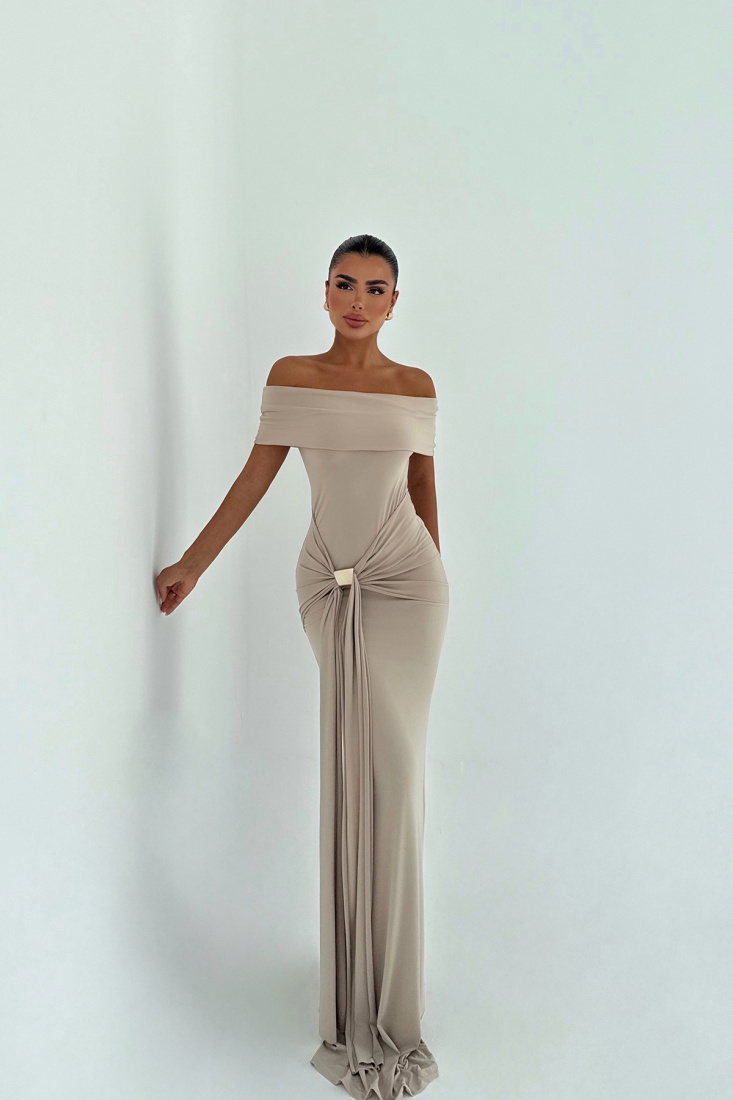 Bej Allayia Uzun Elbise ATE-3083 - EYYO