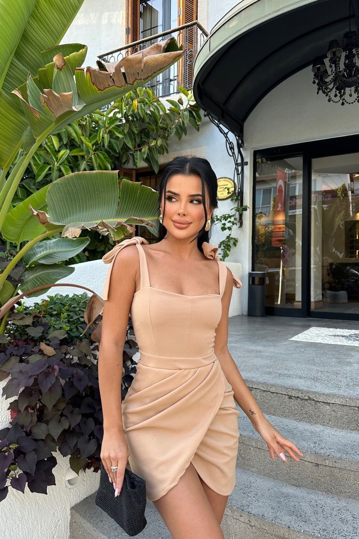 Bej Asimetrik Kesim Bağlamalı Elbise ATE8255 - EYYO