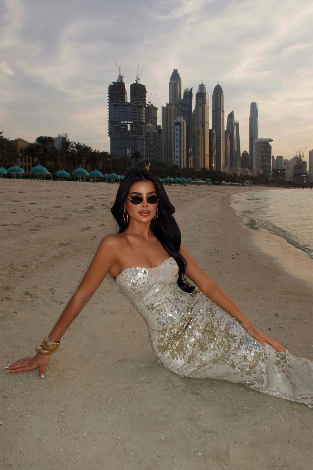 Bej Rococo Uzun Payetli Elbise ATE-4646 - 3