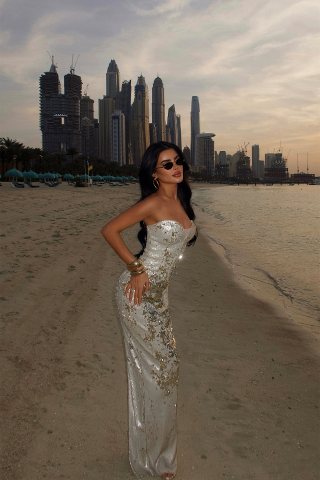 Bej Rococo Uzun Payetli Elbise ATE-4646 - 4