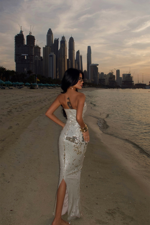 Bej Rococo Uzun Payetli Elbise ATE-4646 - 5