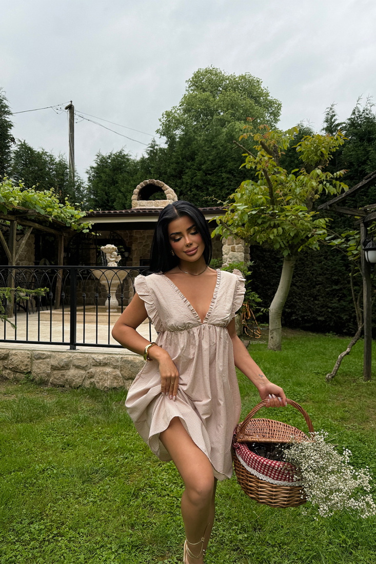 Bej Nadia Fırfırlı Mini Elbise ATE-1069 - EYYO