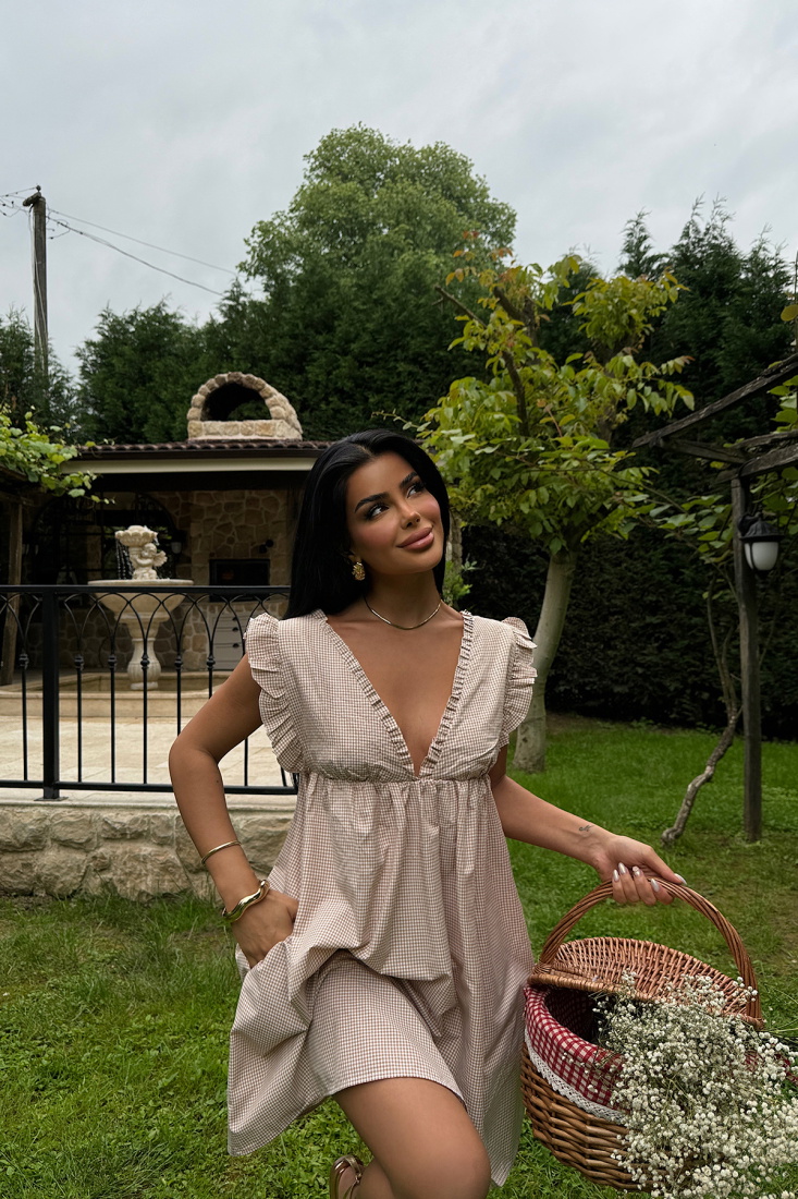 Bej Nadia Fırfırlı Mini Elbise ATE-1069 - EYYO