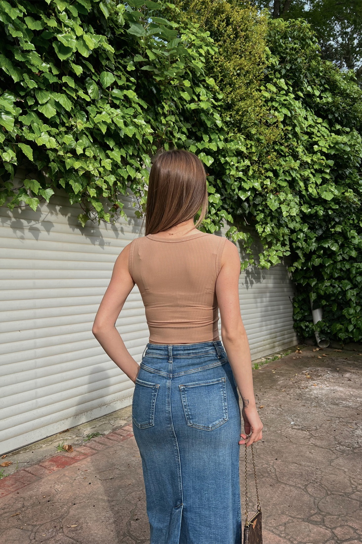 Bej Askılı Triko Crop Top ATE6844 - EYYO