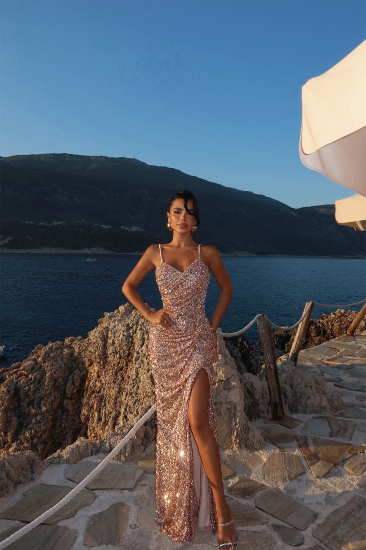 Bej Manish Parıltılı Elbise ATE-3032 - EYYO