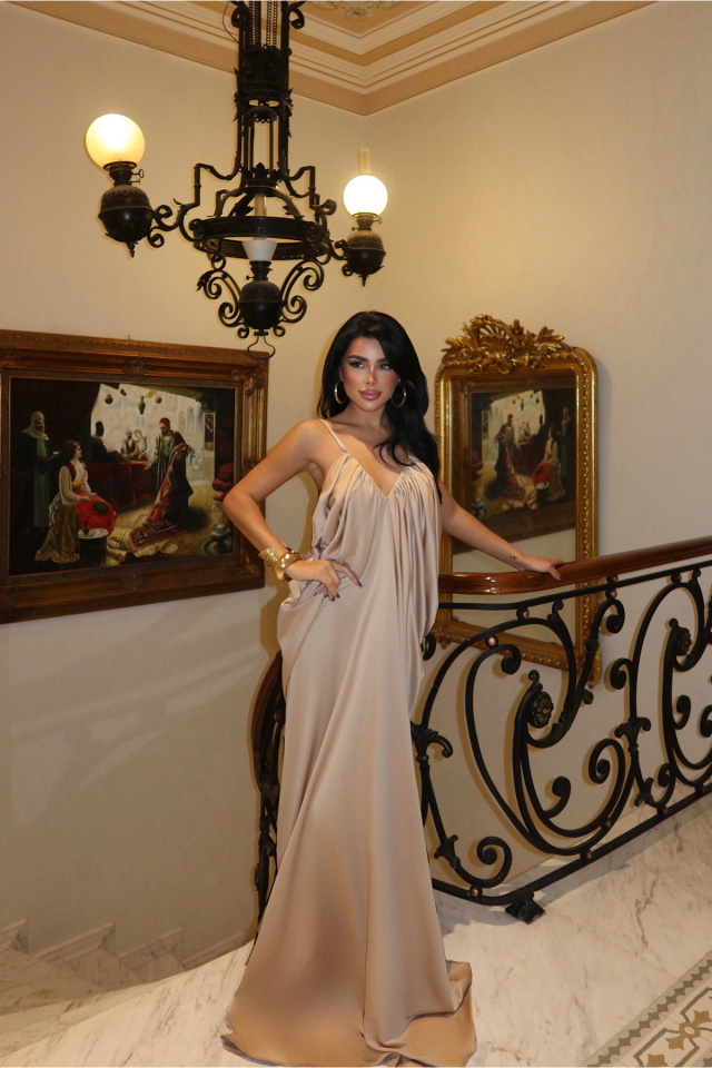 Bej Tulula Uzun Saten Elbise ATE-3680 - 4
