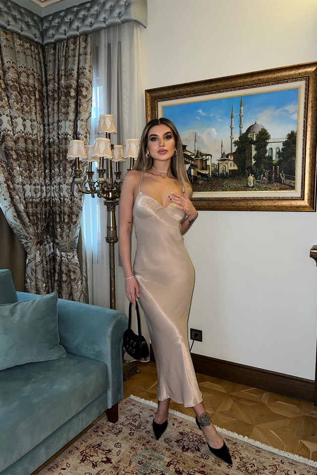 Bej Askılı Uzun Elbise ATE3772 - 1