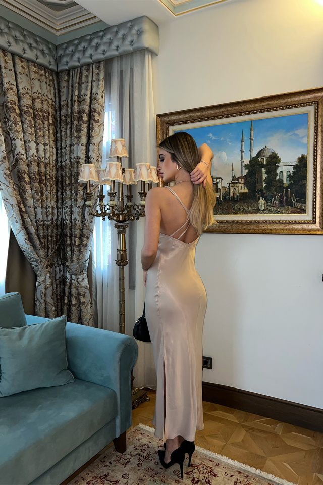 Bej Askılı Uzun Elbise ATE3772 - 2