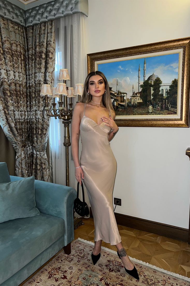 Bej Askılı Uzun Elbise ATE3772 - EYYO