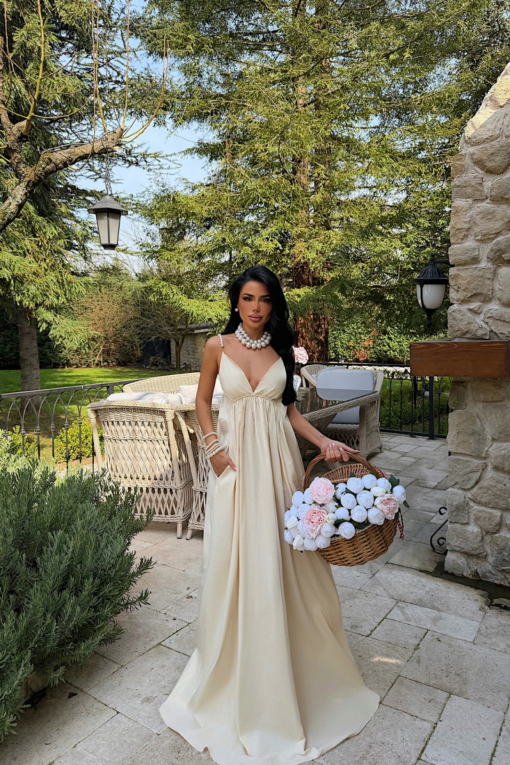 Bej Askılı V Yaka Elbise ATE-4849 - EYYO