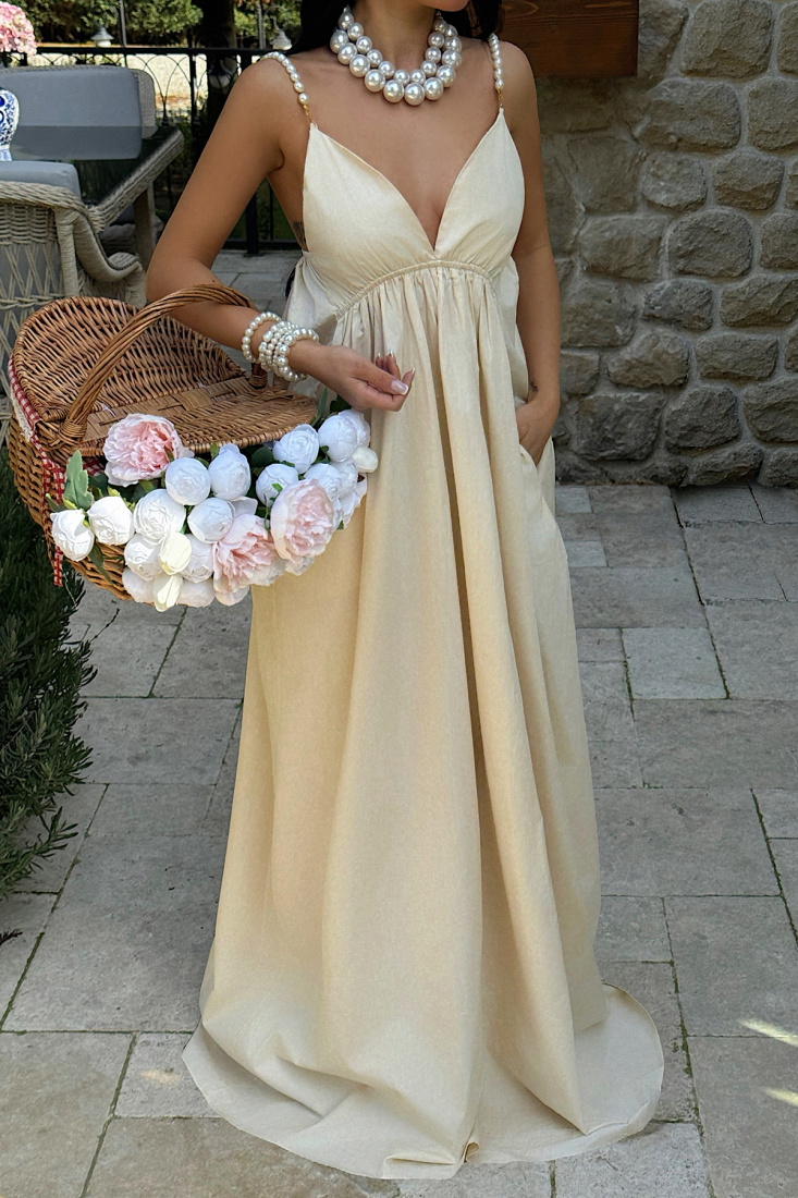 Bej Askılı V Yaka Elbise ATE-4849 - EYYO