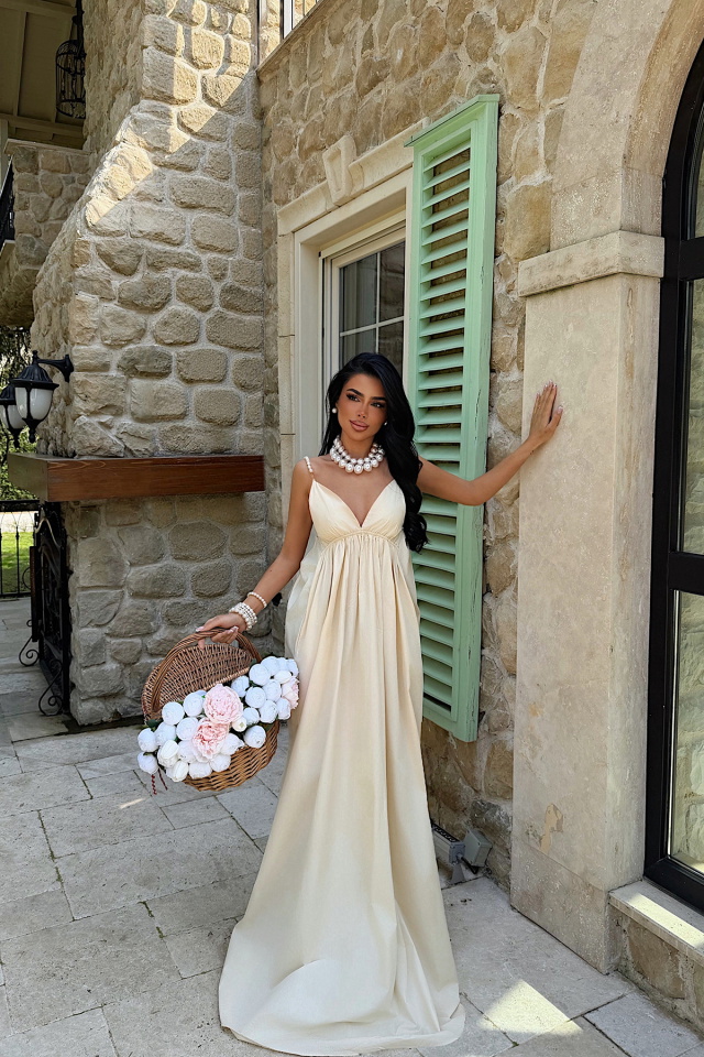 Bej Askılı V Yaka Elbise ATE-4849 - 3