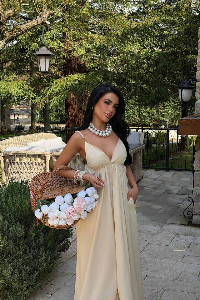 Bej Askılı V Yaka Elbise ATE-4849 - 4