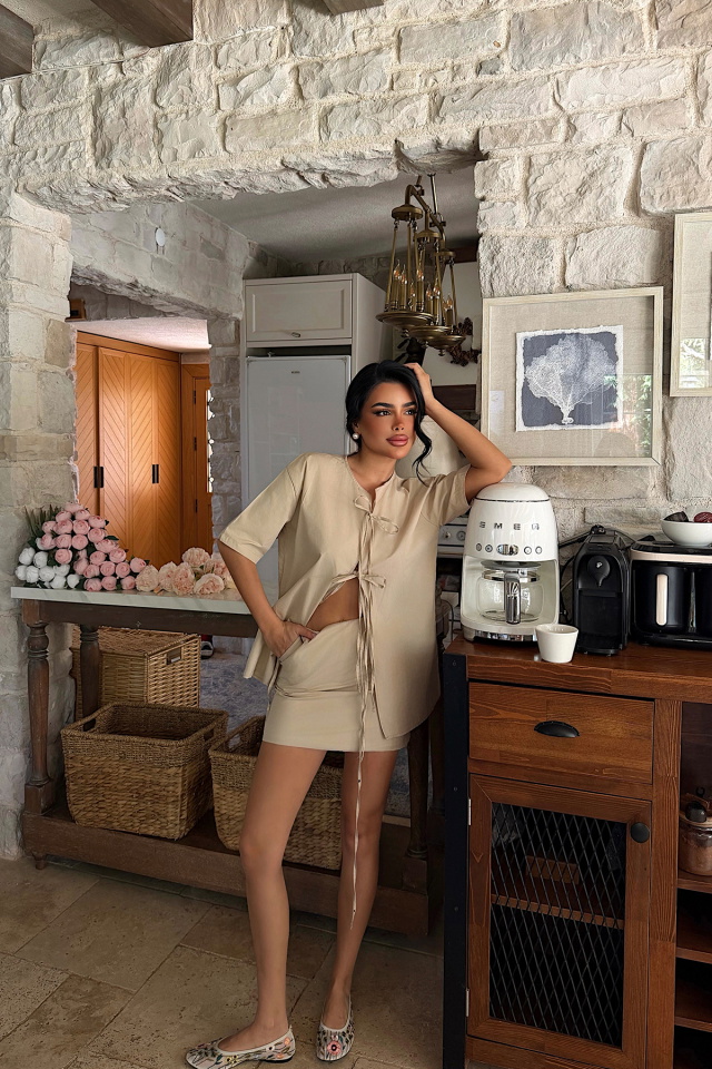 Bej Bağlama Detaylı Etek Takım ATE-4883 - 2