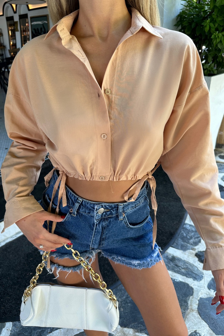 Bej Bağlamalı Crop Top ATE7715 - EYYO