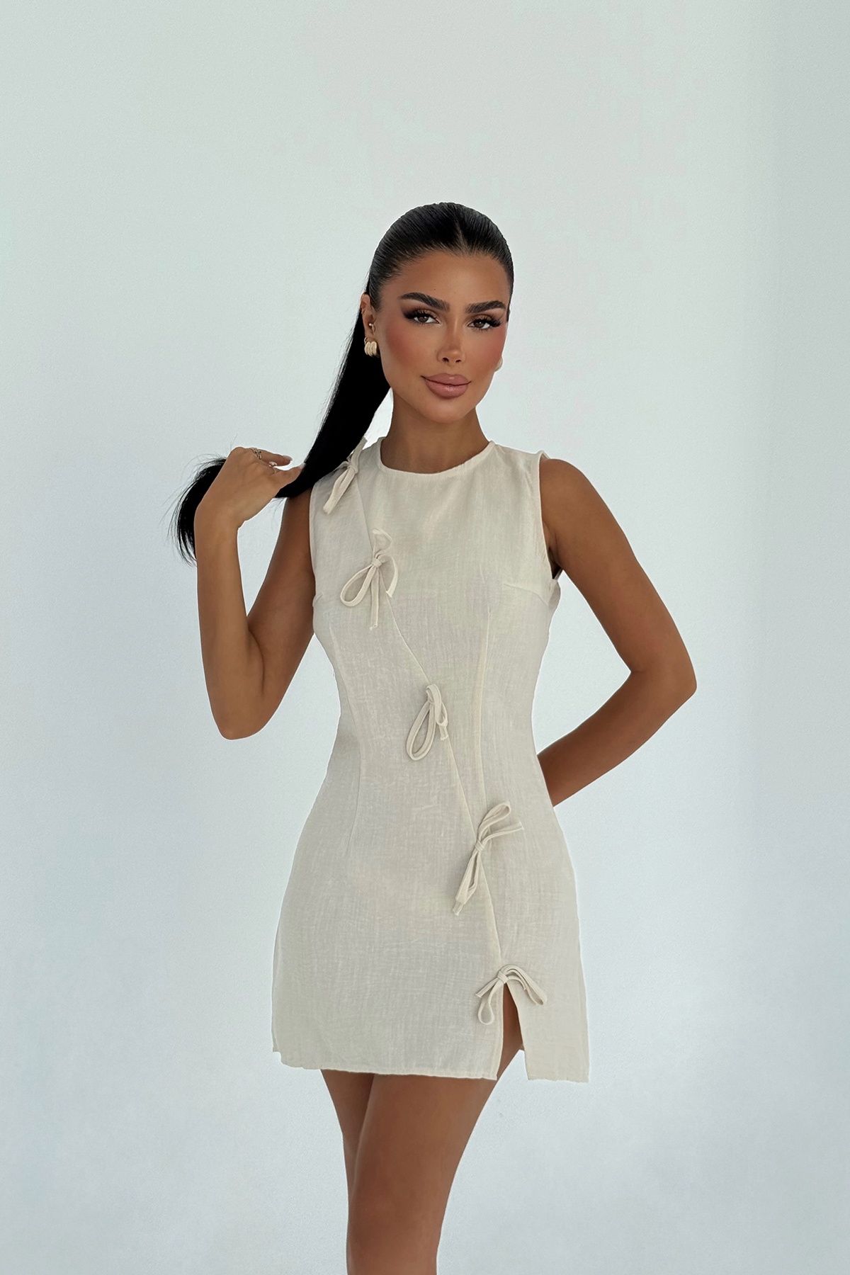 Bej Kathy Mini Fiyonklu Elbise - 1