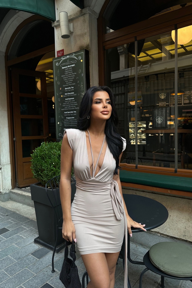 Bej Bağlamalı Mini Elbise ATE7908 - 8