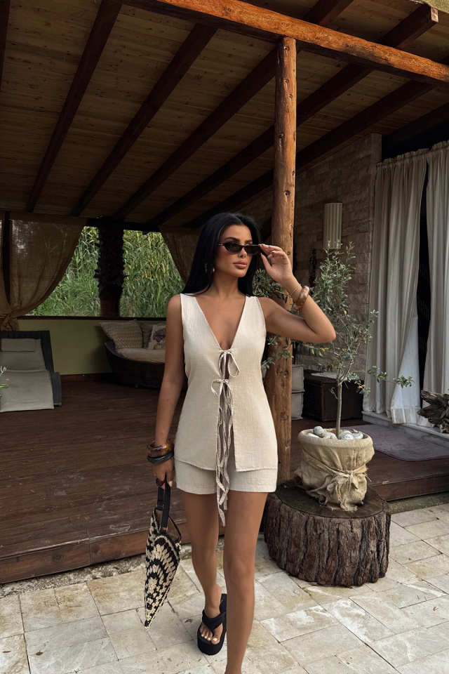 Bej Luiza Mini Keten Bağlamalı Takım ATE-2964 - 2