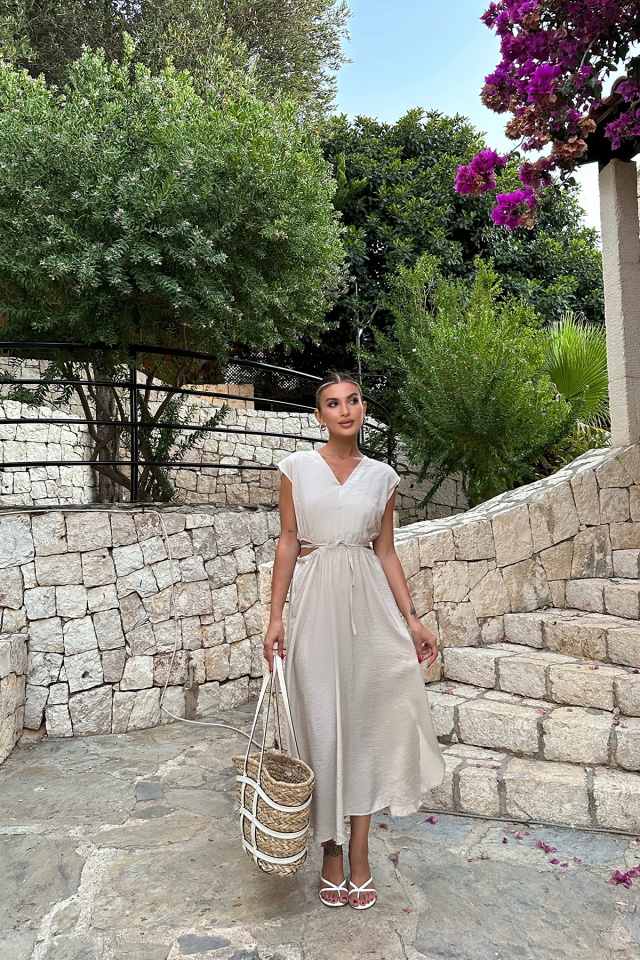 Bej Bağlamalı Uzun Elbise ATE7778 