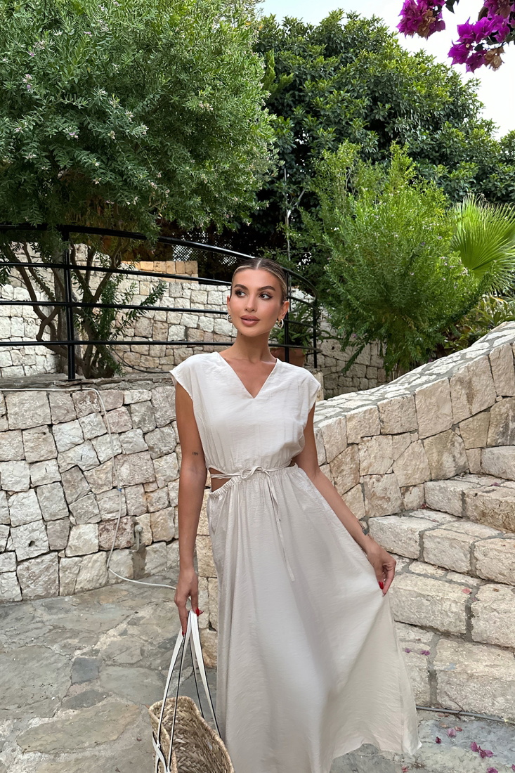 Bej Bağlamalı Uzun Elbise ATE7778 - EYYO