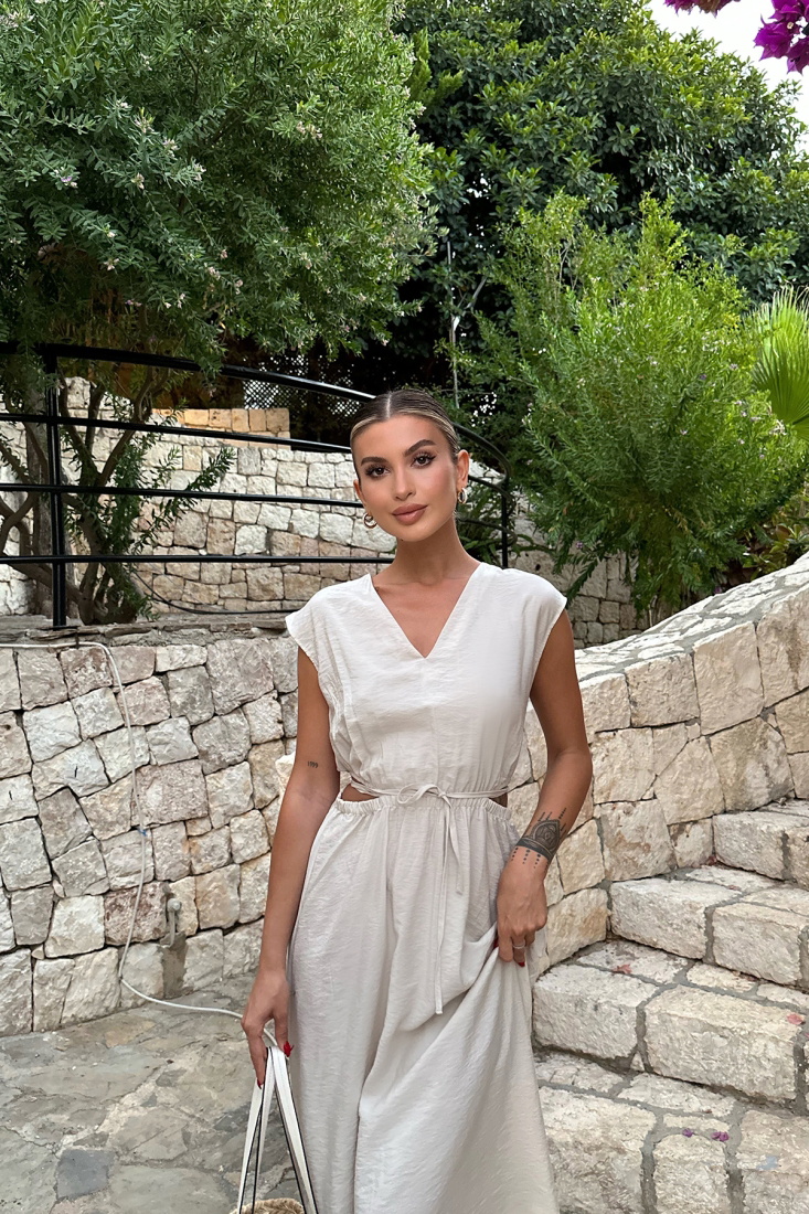 Bej Bağlamalı Uzun Elbise ATE7778 - EYYO