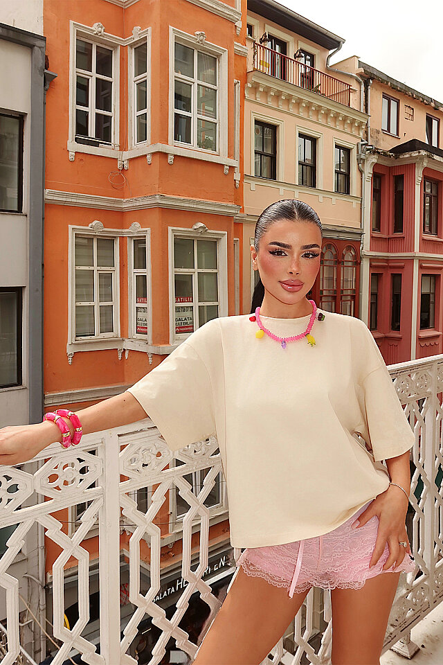 Bej Baskılı Oversize Tişört ATE-5261 