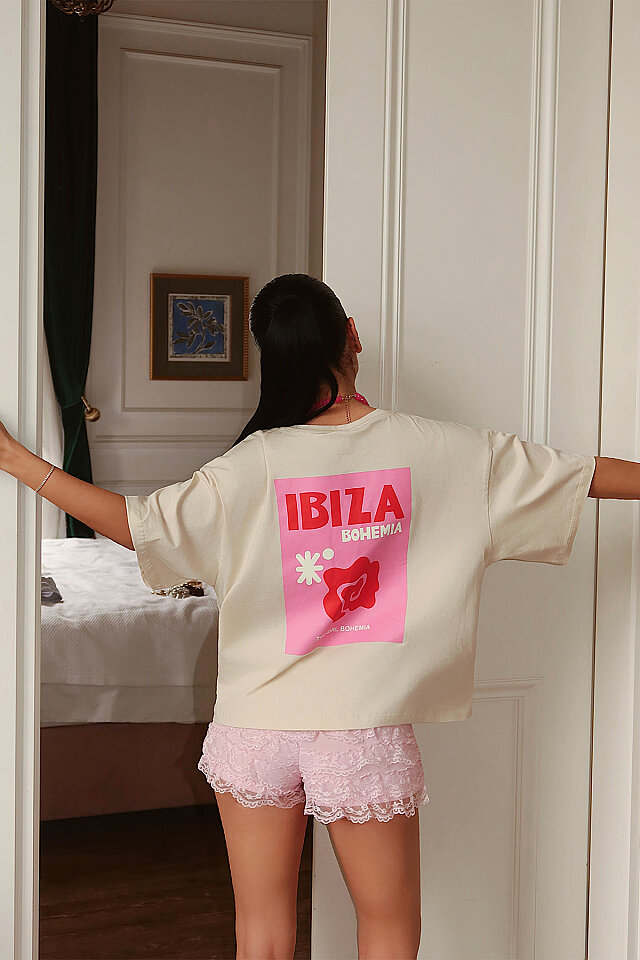 Bej Baskılı Oversize Tişört ATE-5261 - 4