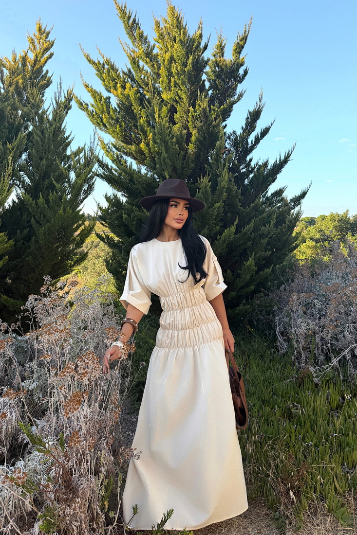 Bej Volant Uzun Elbise ATE-3423 - EYYO