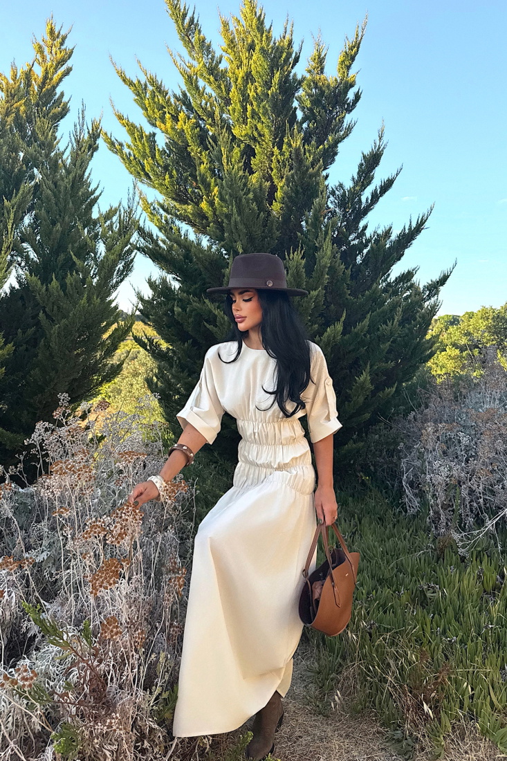 Bej Volant Uzun Elbise ATE-3423 - EYYO