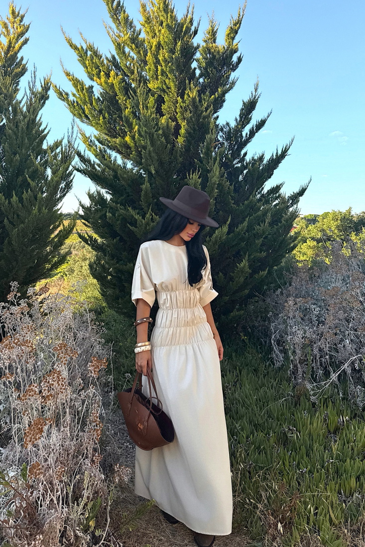 Bej Volant Uzun Elbise ATE-3423 - EYYO