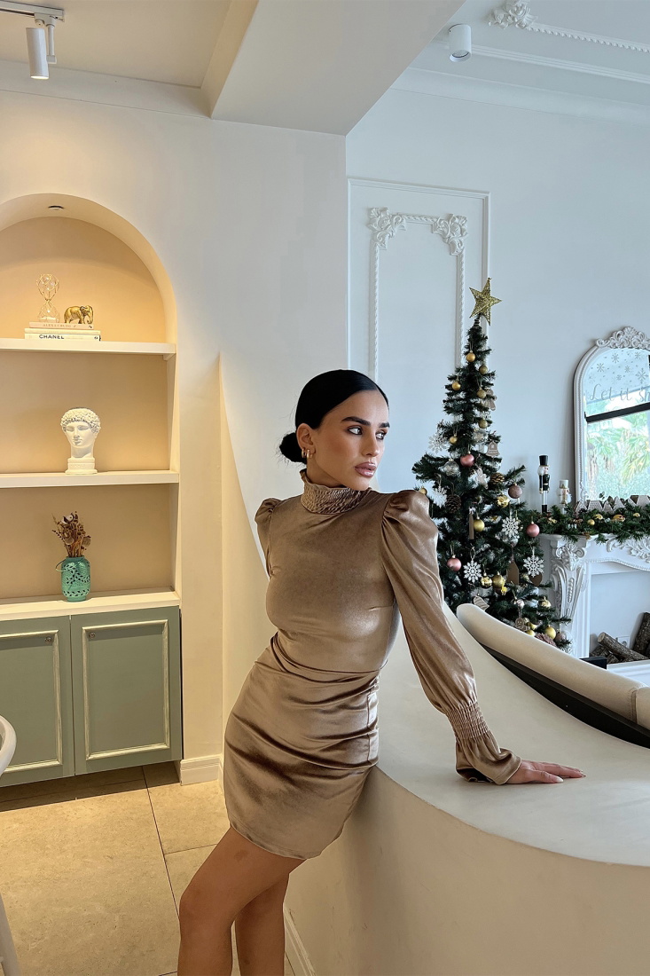 Bej Boğazlı Mini Elbise ATE2873 - EYYO