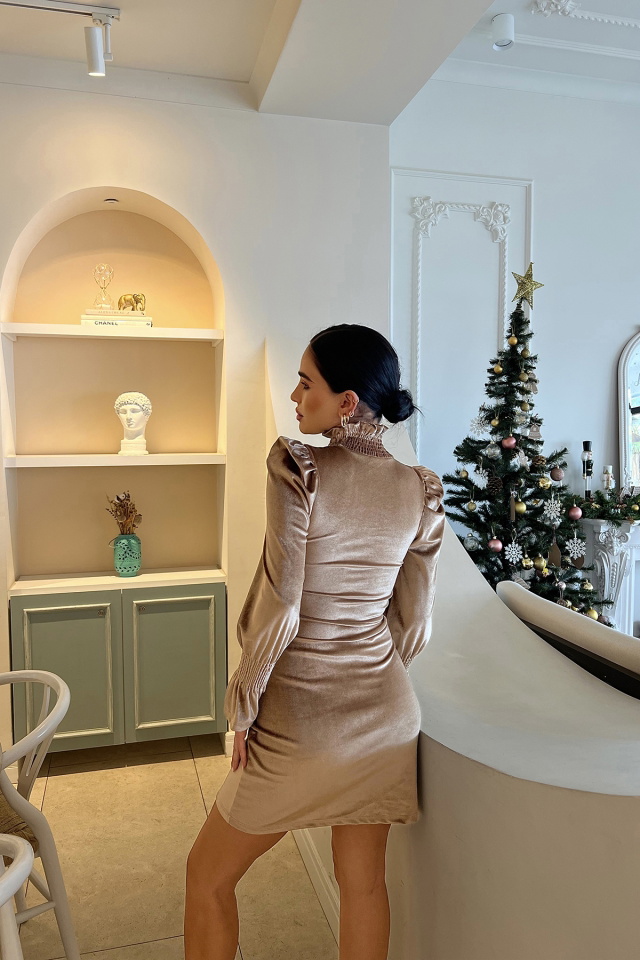 Bej Boğazlı Mini Elbise ATE2873 - 5