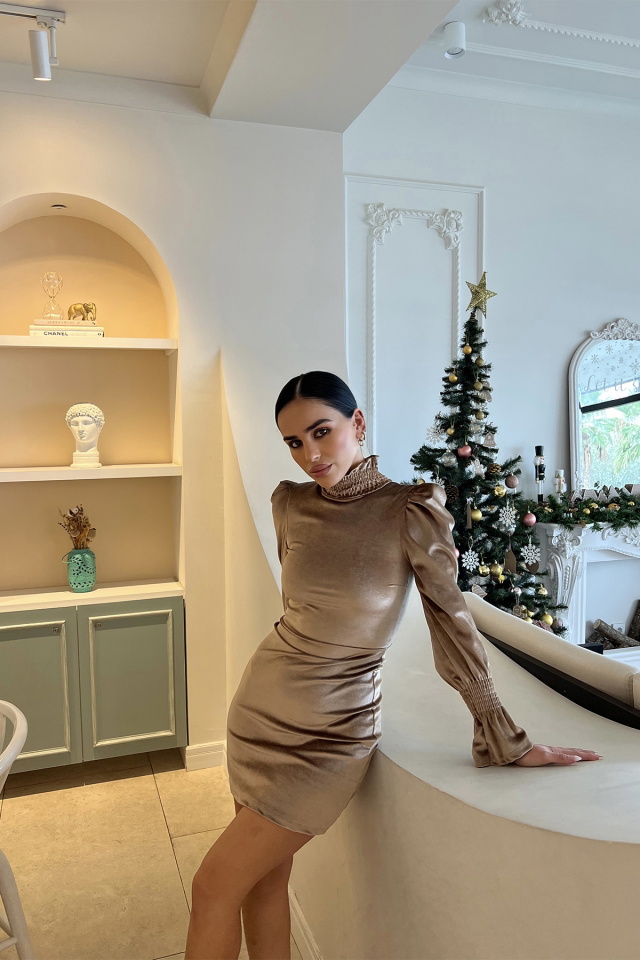 Bej Boğazlı Mini Elbise ATE2873 - 4