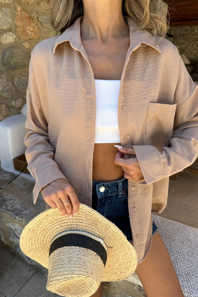 Bej Tek Cepli Oversize Gömlek ATE7279 - 2