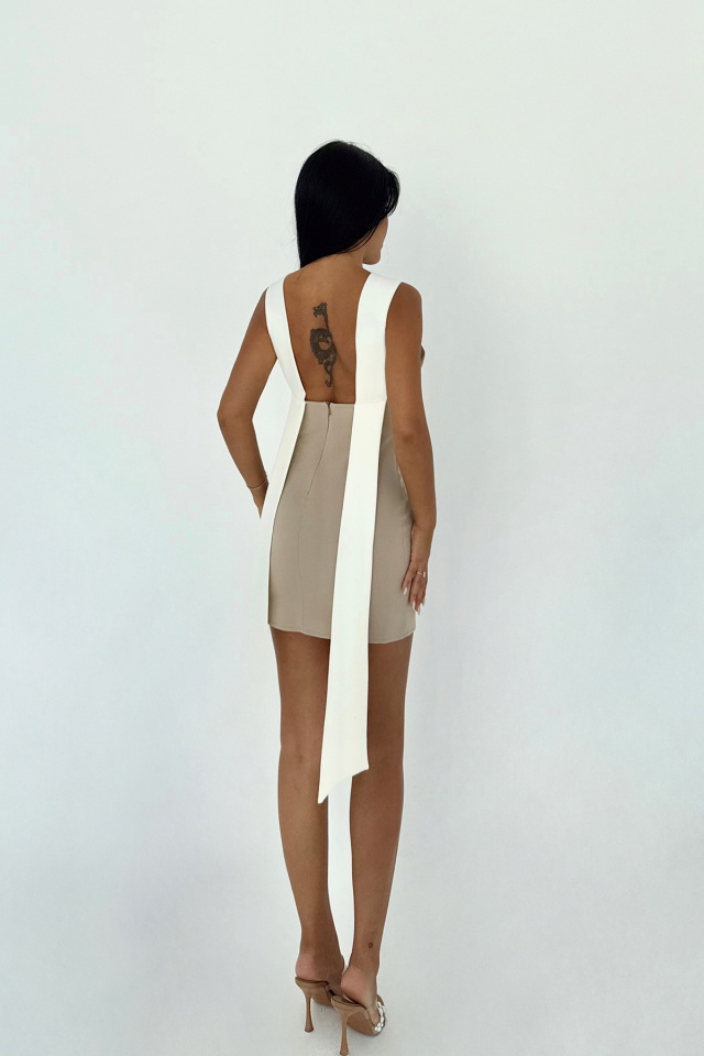 Bej Çift Renk Mini Elbise ATE-3335 - 3