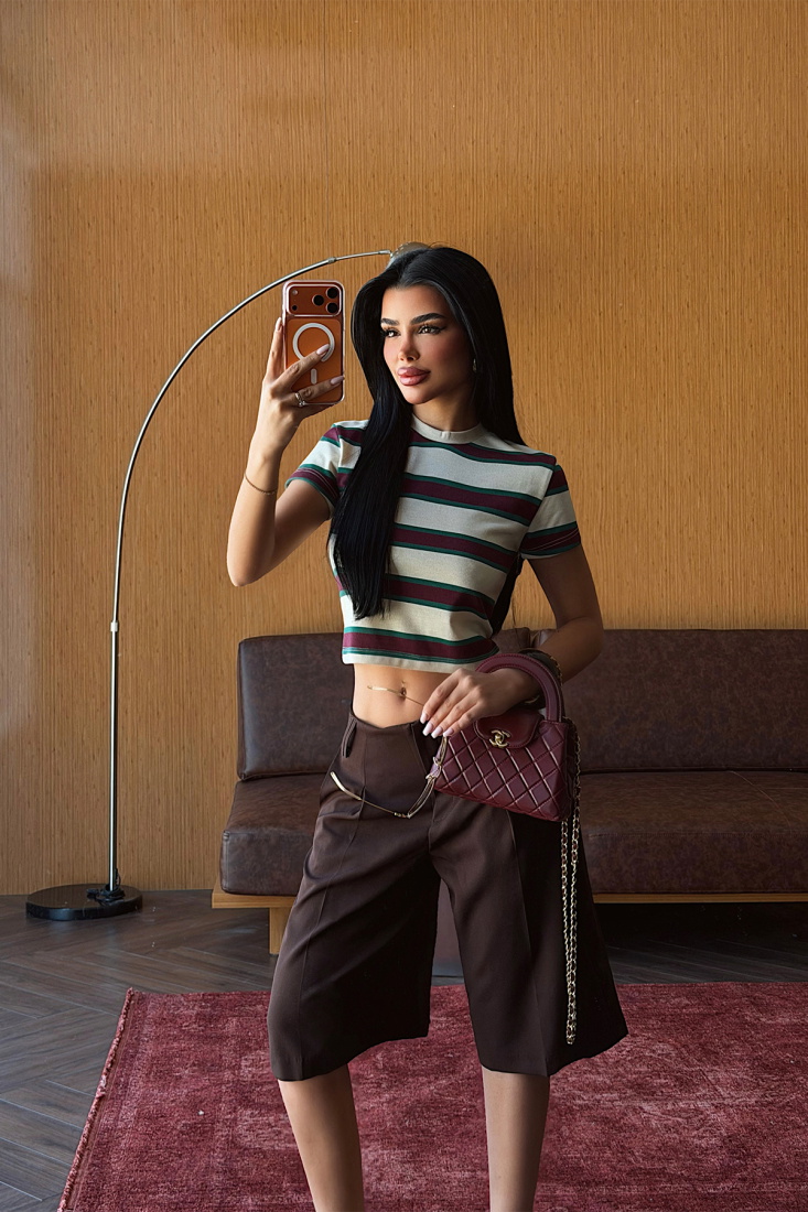 Bej Çizgili Crop Top ATE-5500 - EYYO