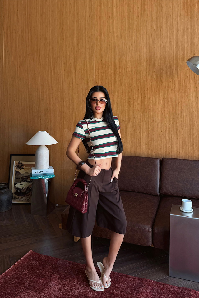 Bej Çizgili Crop Top
