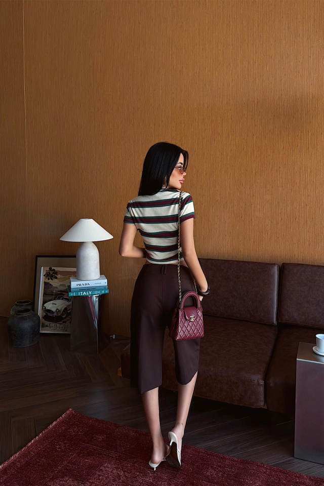 Bej Çizgili Crop Top
