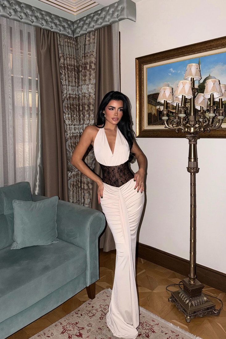 Bej Nutty Dantel Detaylı Elbise ATE-3838 - EYYO