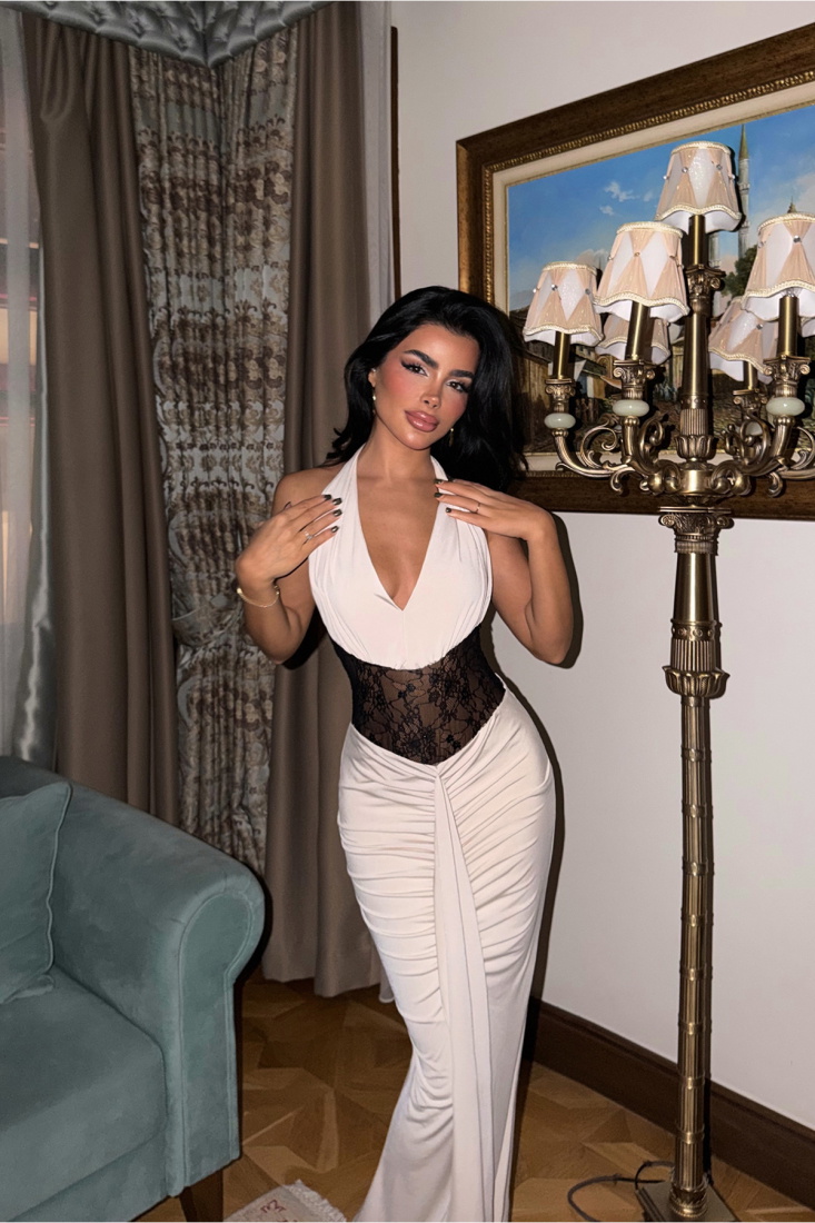 Bej Nutty Dantel Detaylı Elbise ATE-3838 - EYYO