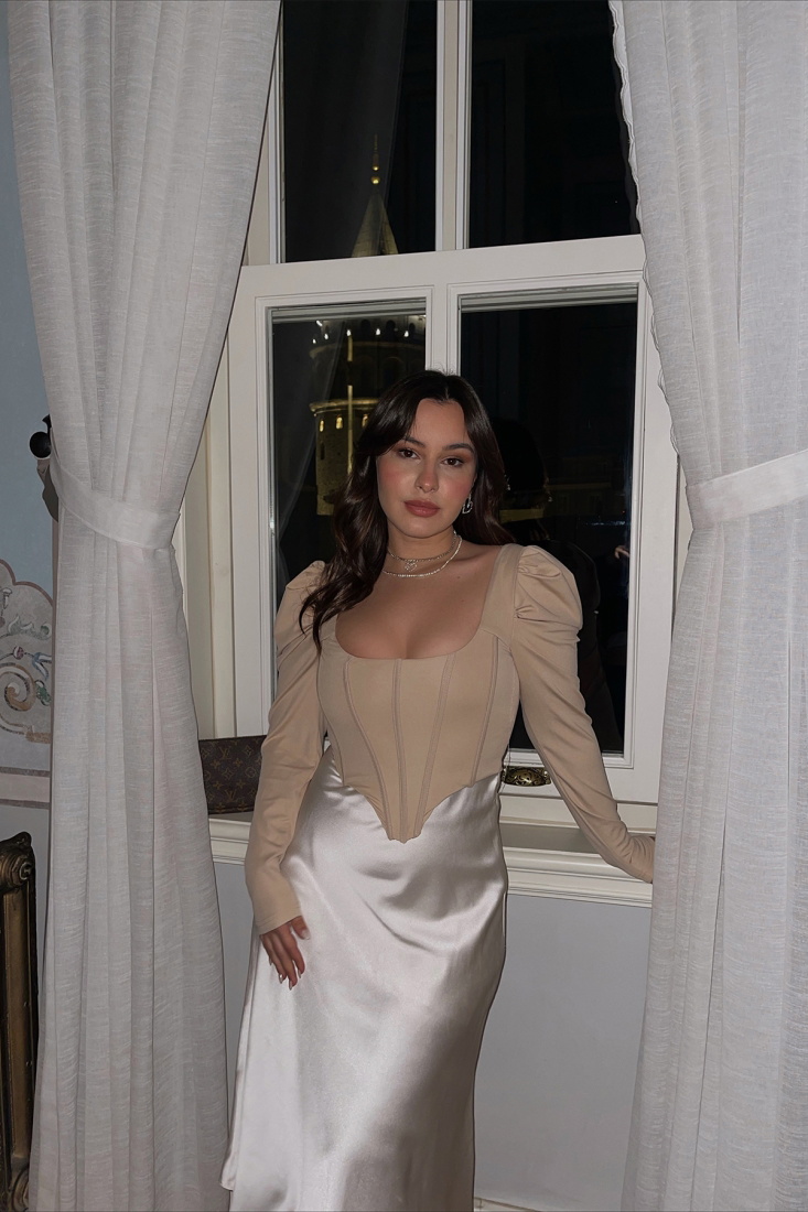 Bej Dikiş Detay Crop Top ATE3700 - EYYO