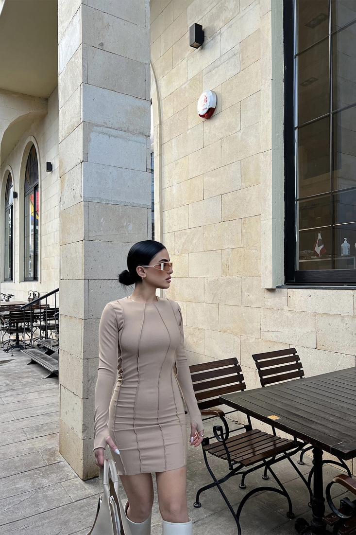 Bej Dikiş Detay Mini Elbise ATE3718 - EYYO