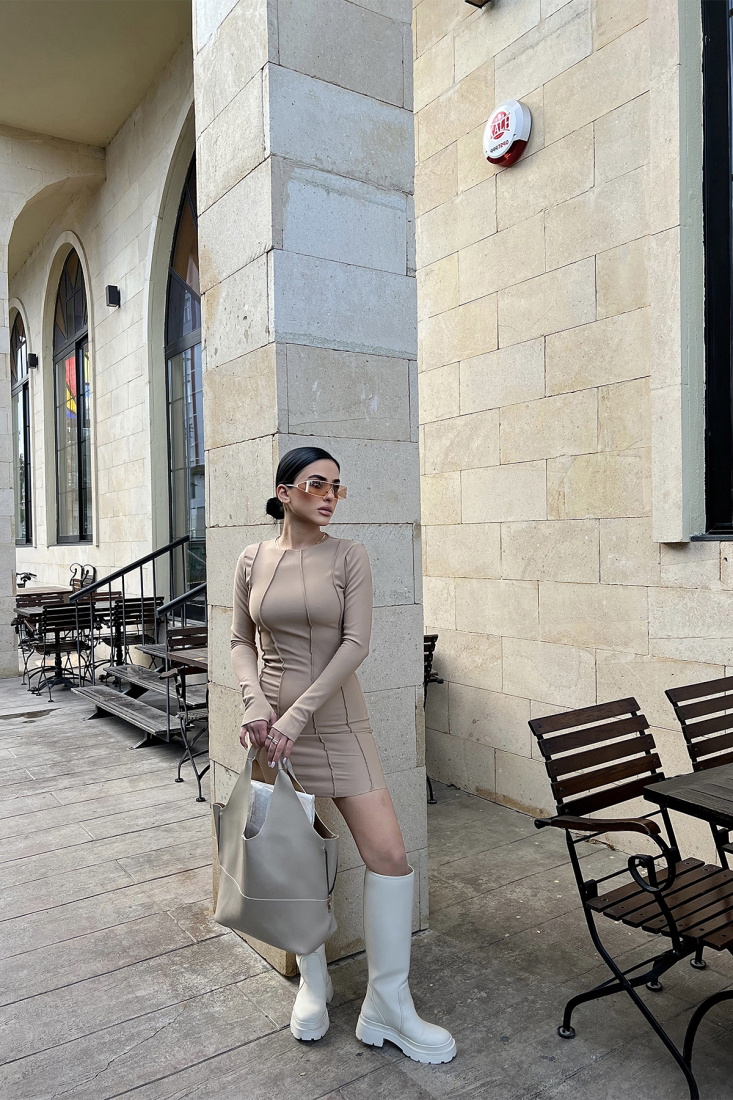 Bej Dikiş Detay Mini Elbise ATE3718 - EYYO