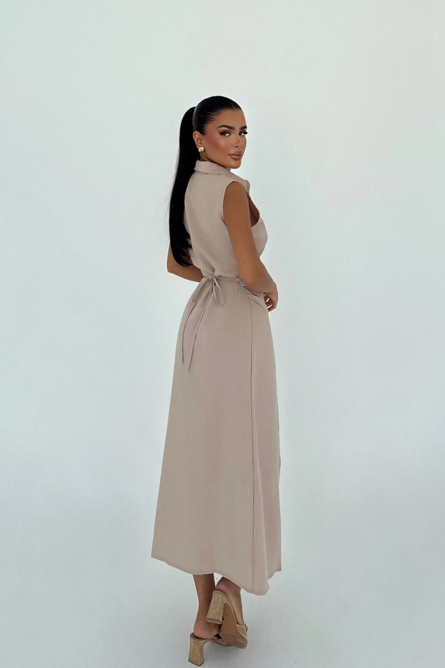 Bej Lyza Uzun Düğmeli Elbise ATE-3229 - 3