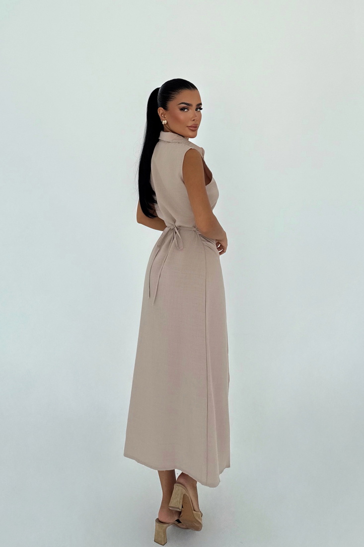 Bej Lyza Uzun Düğmeli Elbise ATE-3229 - EYYO