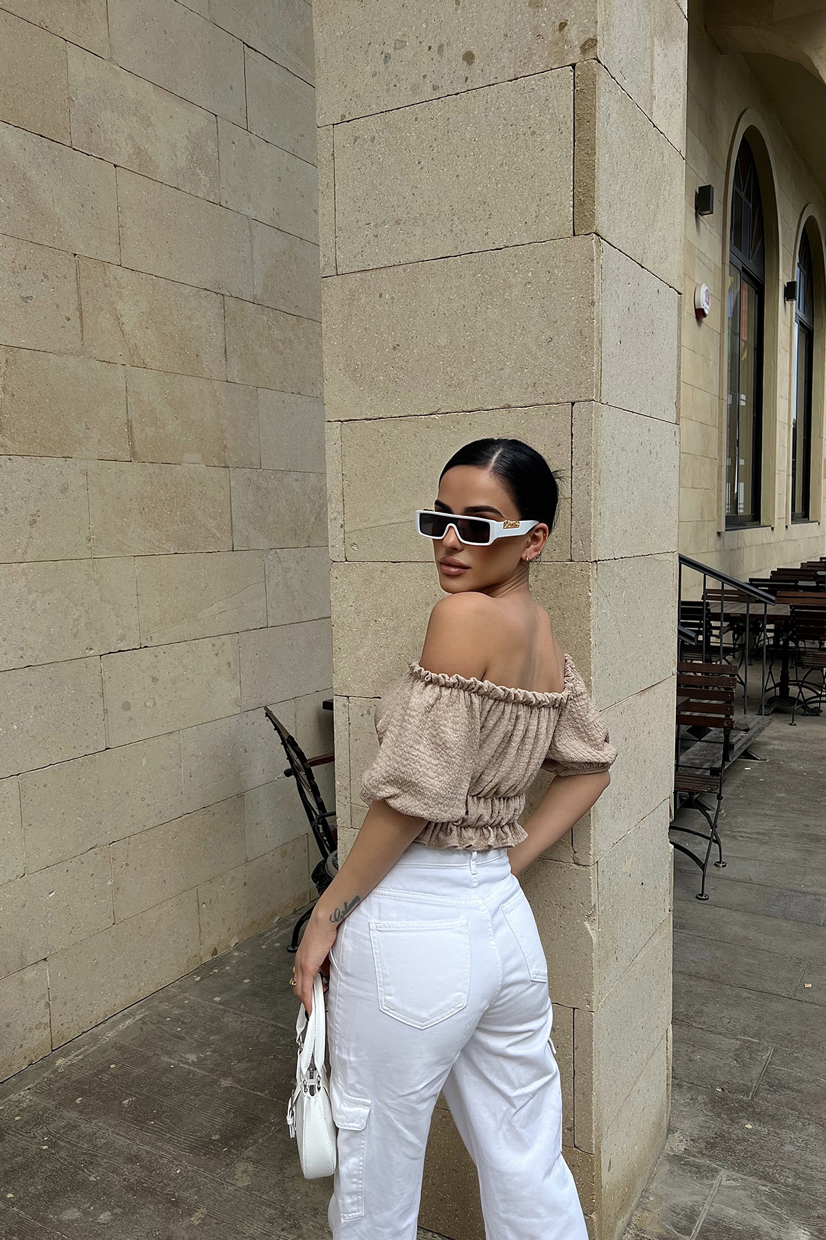Bej Düşük Kol Crop Top ATE4489 - 3